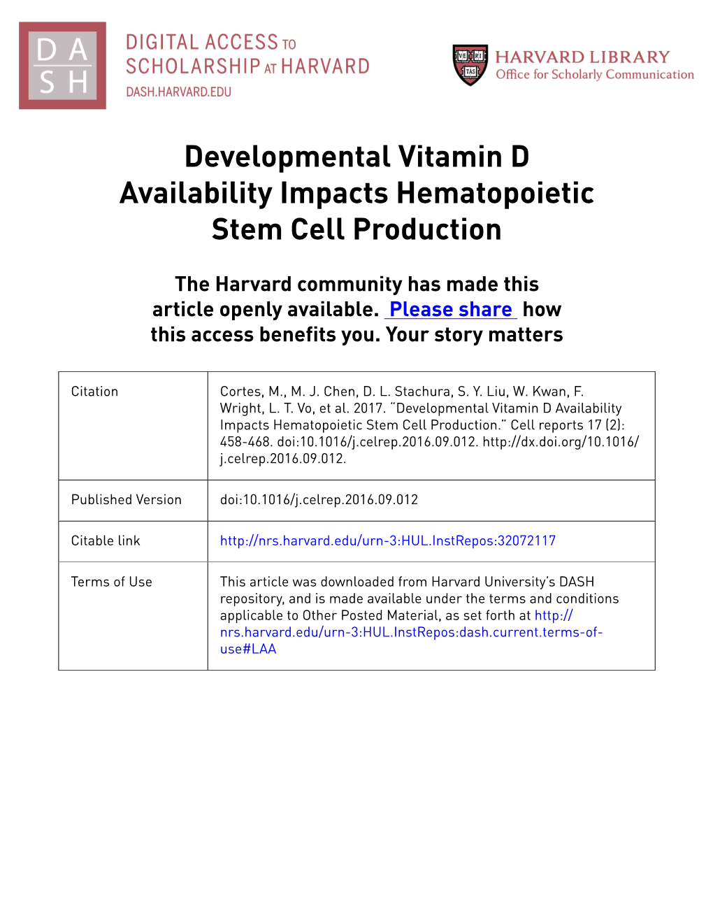 Developmental Vitamin D Availability Impacts Hematopoietic Stem Cell Production