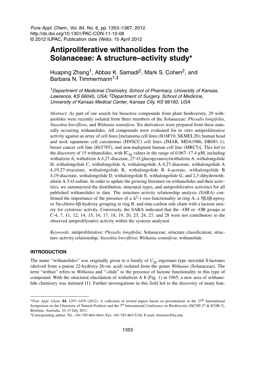 Antiproliferative Withanolides from the Solanaceae: a Structure–Activity Study*