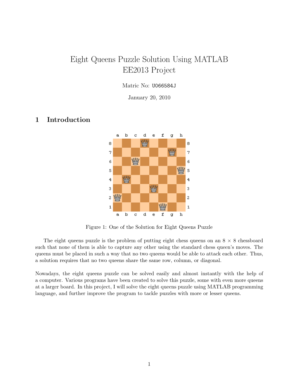 Eight Queens Puzzle Solution Using MATLAB EE2013 Project