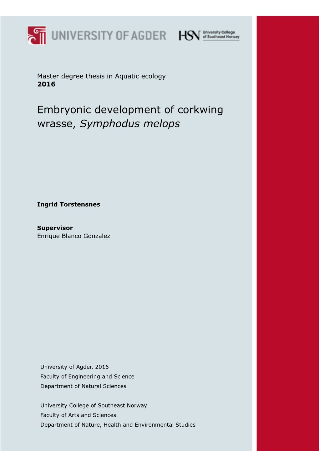 Embryonic Development of Corkwing Wrasse, Symphodus Melops