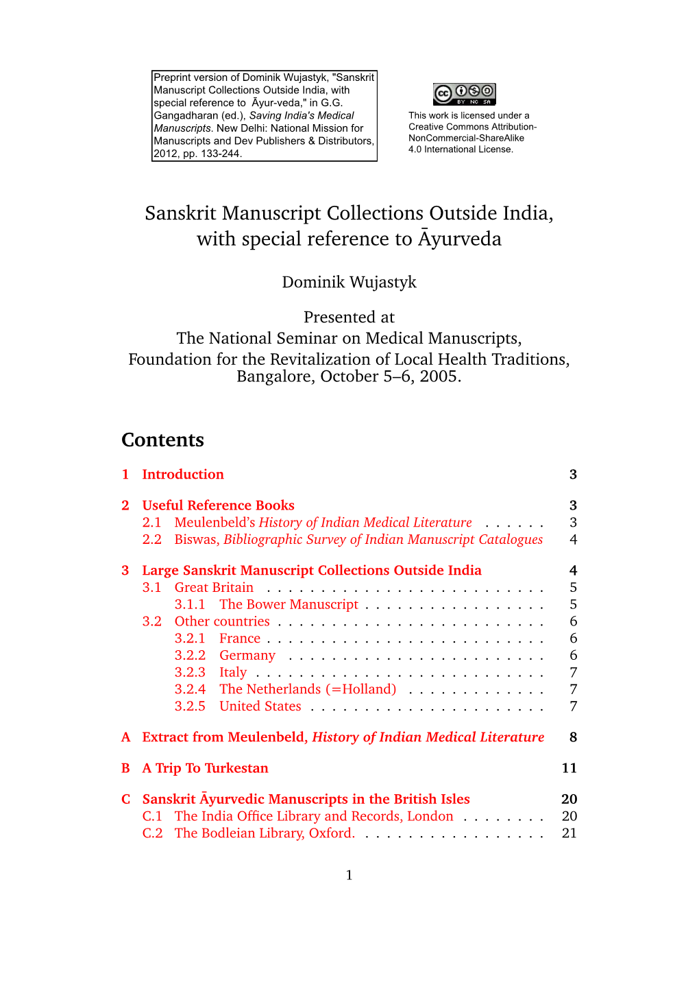 Sanskrit Manuscript Collections Outside India, with Special Reference to Ayurveda¯