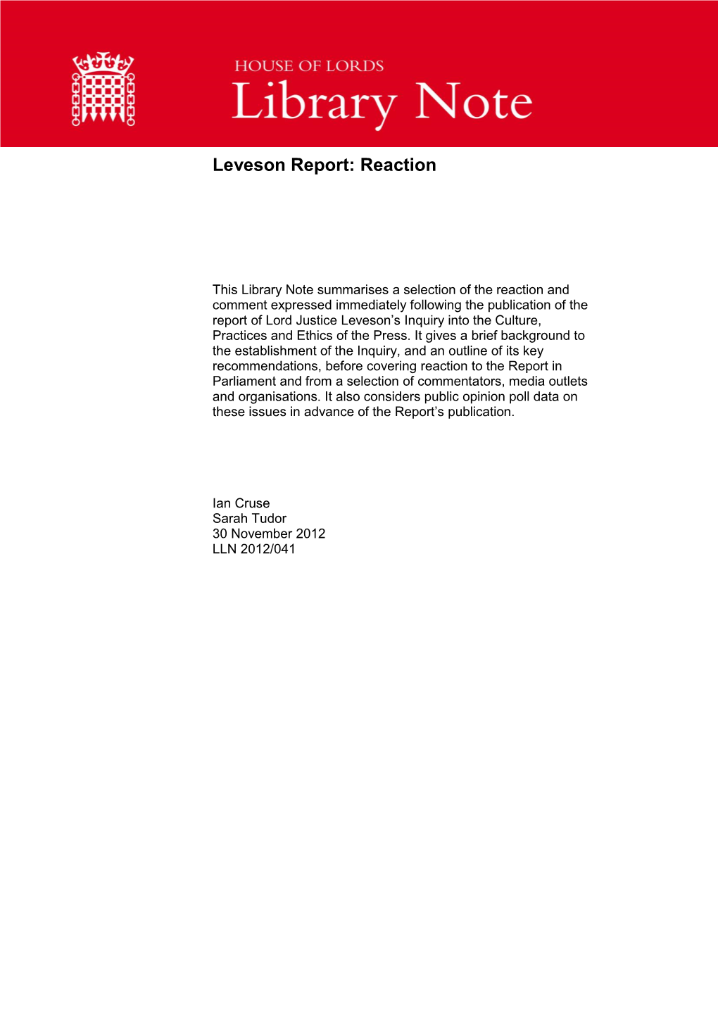 Leveson Report: Reaction