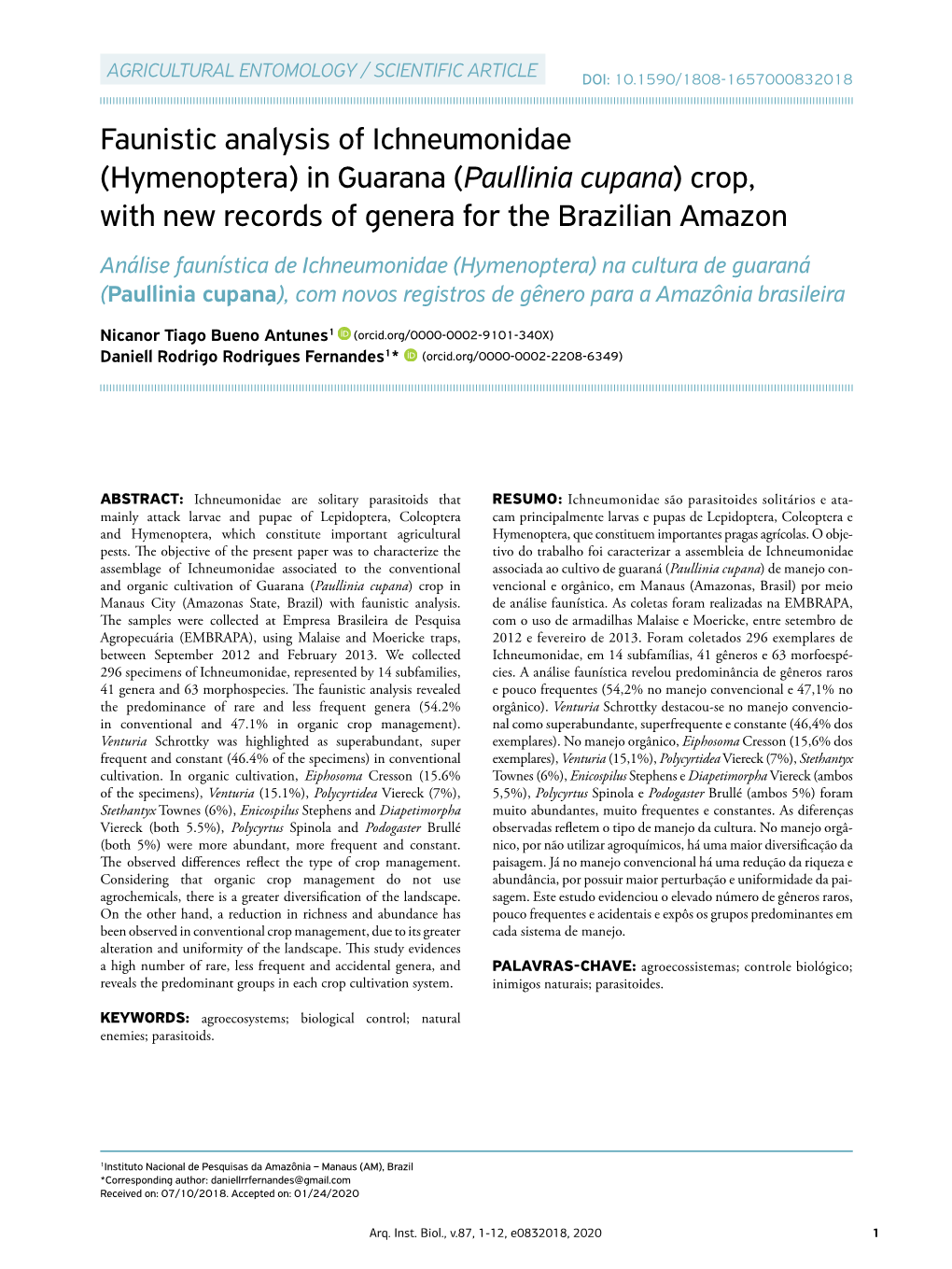 Faunistic Analysis of Ichneumonidae (Hymenoptera) in Guarana