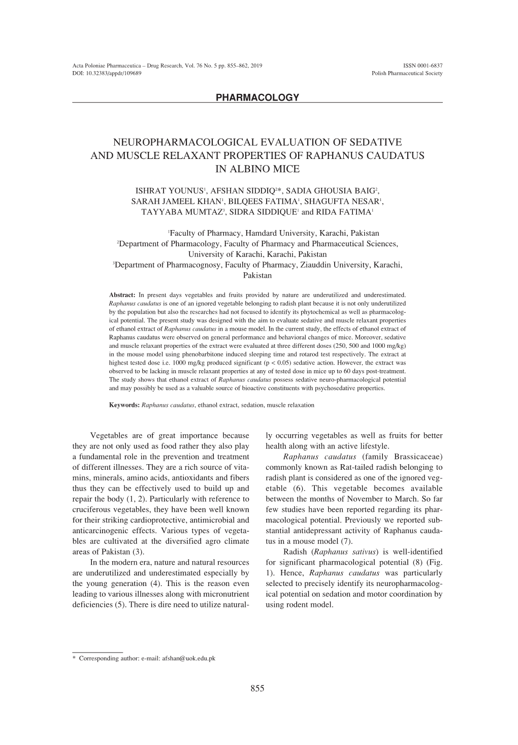 Neuropharmacological Evaluation of Sedative and Muscle Relaxant Properties of Raphanus Caudatus in Albino Mice