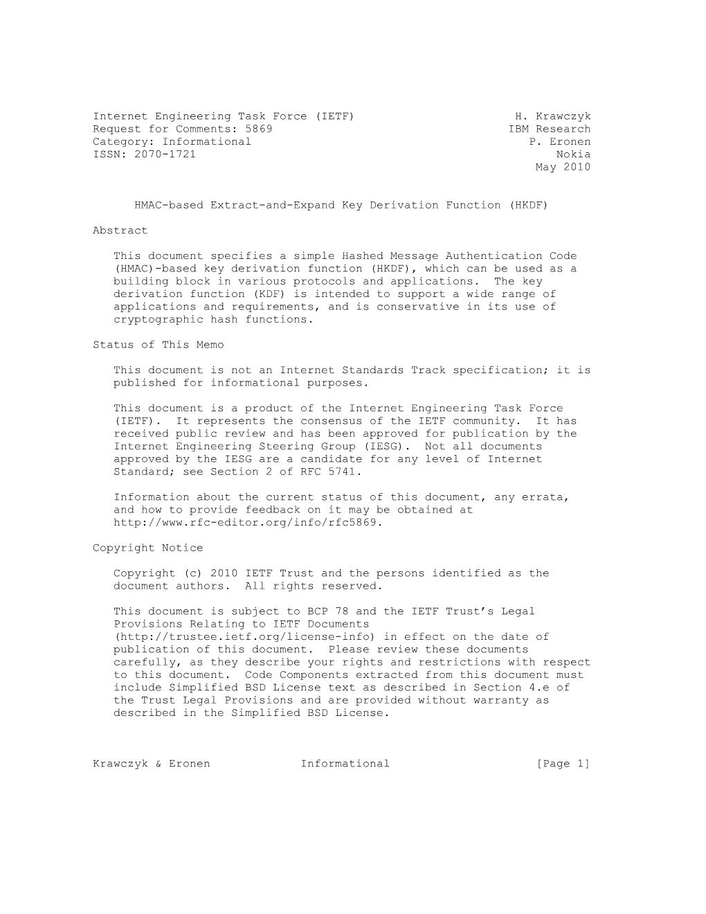 (IETF) H. Krawczyk Request for Comments: 5869 IBM Research Category: Informational P