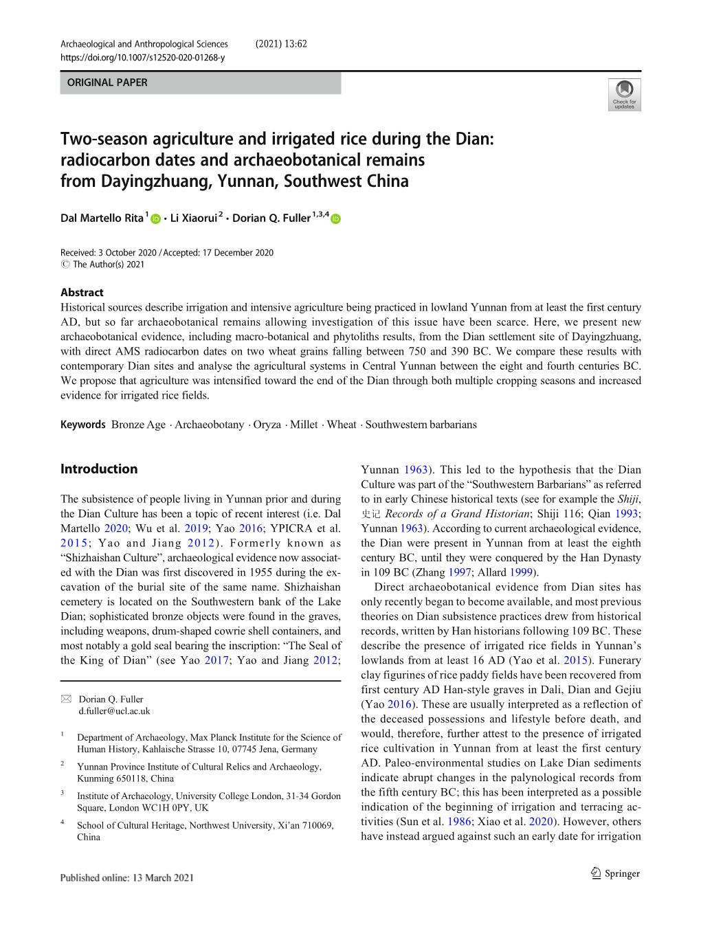 Two-Season Agriculture and Irrigated Rice During the Dian: Radiocarbon Dates and Archaeobotanical Remains from Dayingzhuang, Yunnan, Southwest China