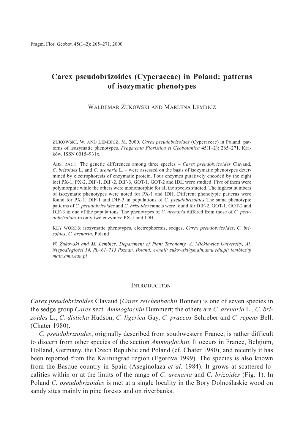 Carex Pseudobrizoides (Cyperaceae) in Poland: Patterns of Isozymatic Phenotypes