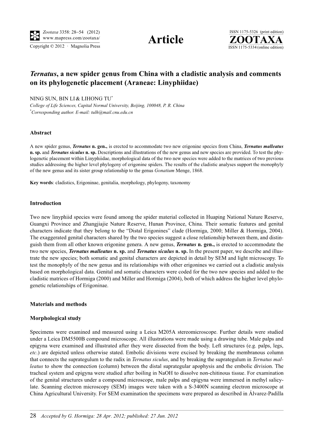 Ternatus, a New Spider Genus from China with a Cladistic Analysis and Comments on Its Phylogenetic Placement (Araneae: Linyphiidae)