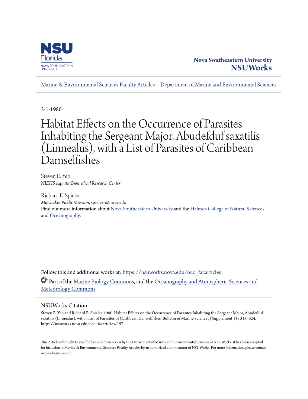 Habitat Effects on the Occurrence of Parasites Inhabiting