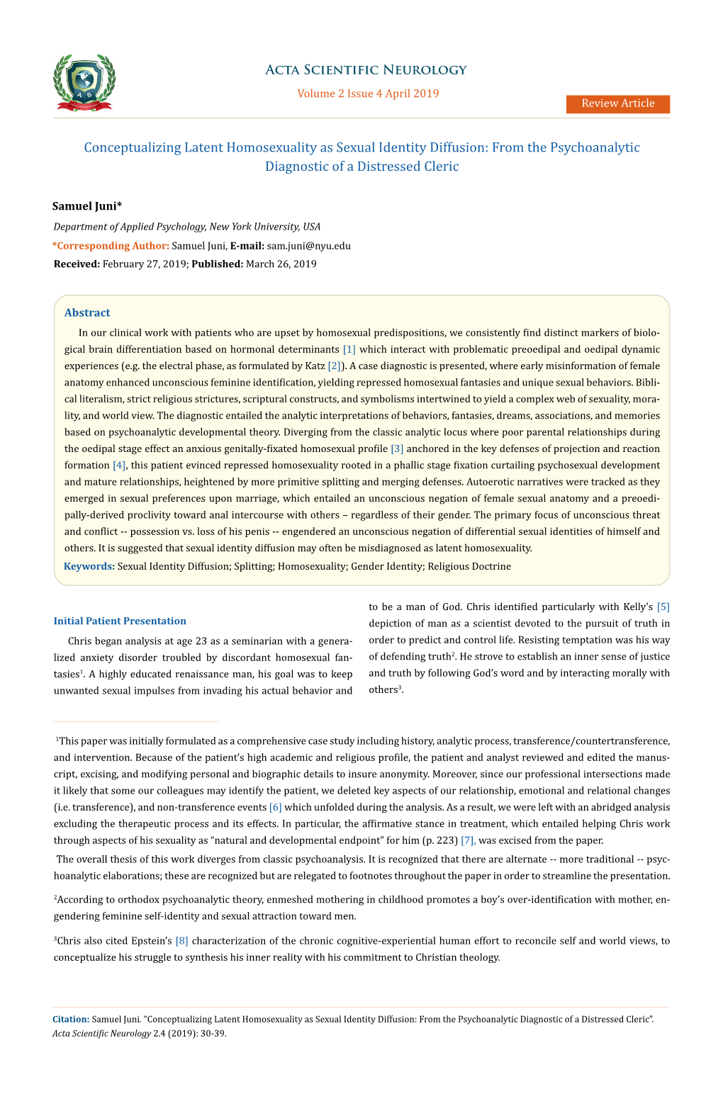 Conceptualizing Latent Homosexuality As Sexual Identity Diffusion: from the Psychoanalytic Diagnostic of a Distressed Cleric