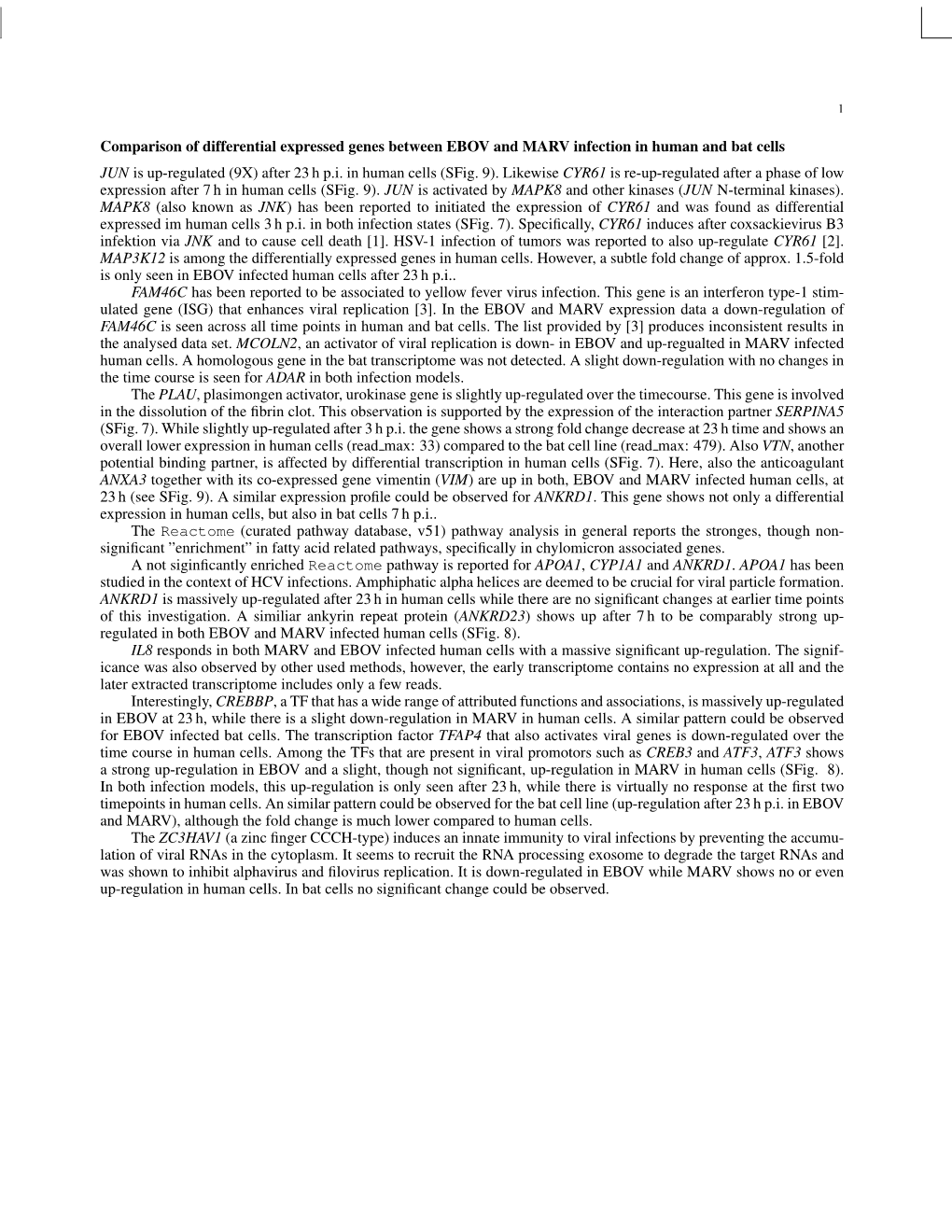 Comparison of Differential Expressed Genes Between EBOV and MARV Infection in Human and Bat Cells JUN Is Up-Regulated (9X) After 23 H P.I