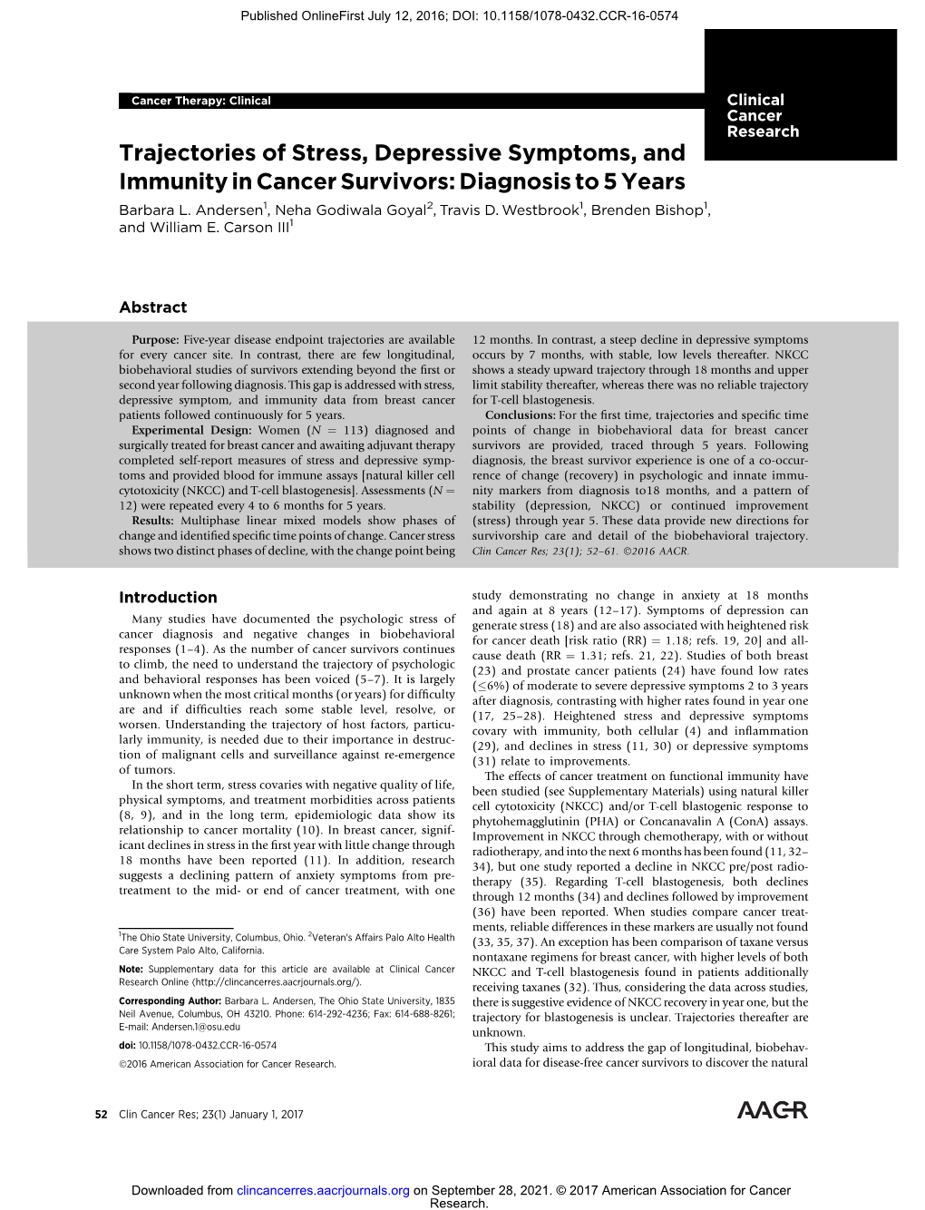 Trajectories of Stress, Depressive Symptoms, and Immunity in Cancer Survivors: Diagnosis to 5 Years Barbara L