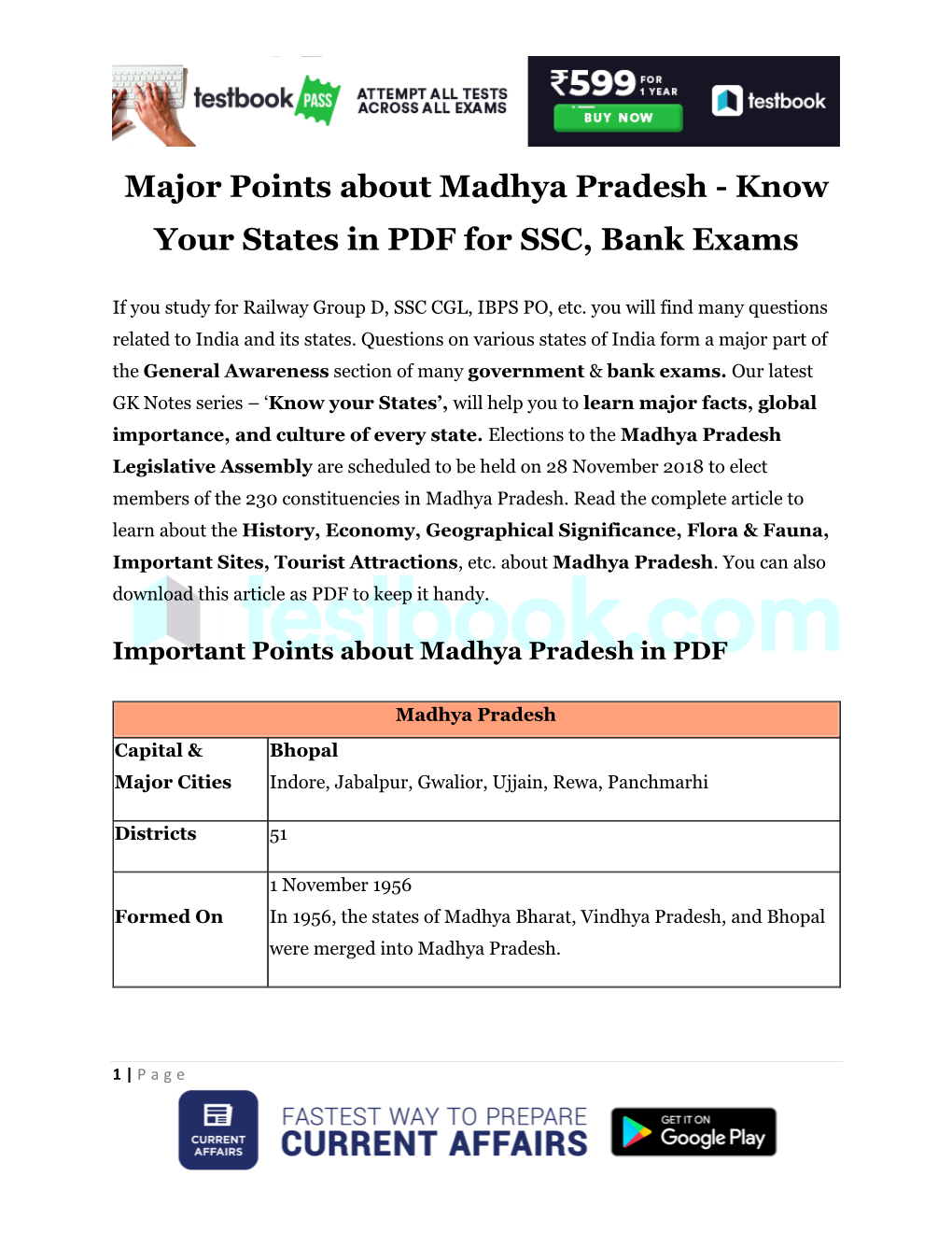 Major Points About Madhya Pradesh - Know Your States in PDF for SSC, Bank Exams