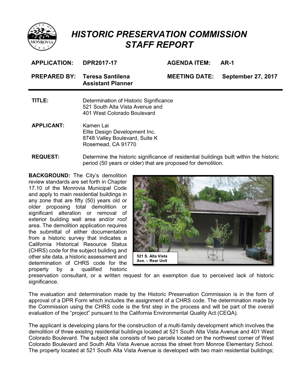 Historic Preservation Commission Staff Report Application: Dpr2017-17 Agenda Item: Ar-1