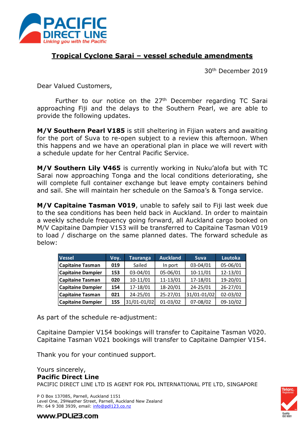 Tropical Cyclone Sarai – Vessel Schedule Amendments 301219