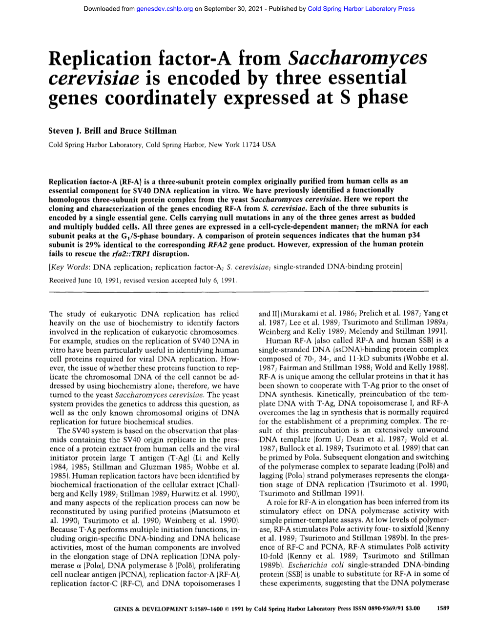 Replication Factor-A from Saccharomyces Cerevisiae Is Encoded by Three Essential Genes Coordinately Expressed at S Phase