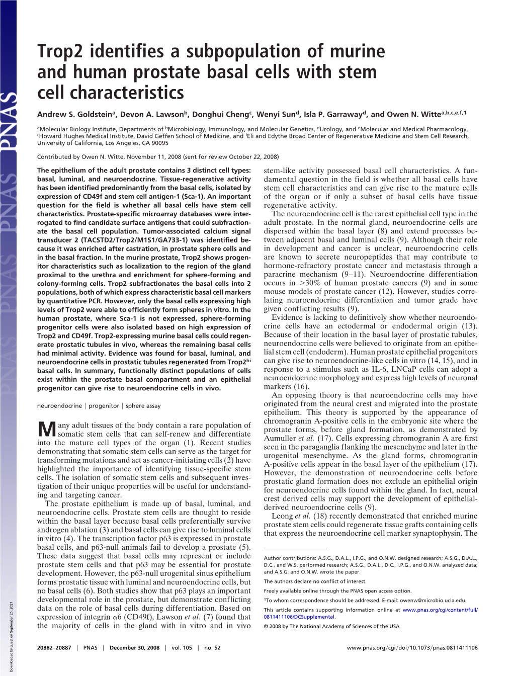 Trop2 Identifies a Subpopulation of Murine and Human Prostate Basal Cells with Stem Cell Characteristics