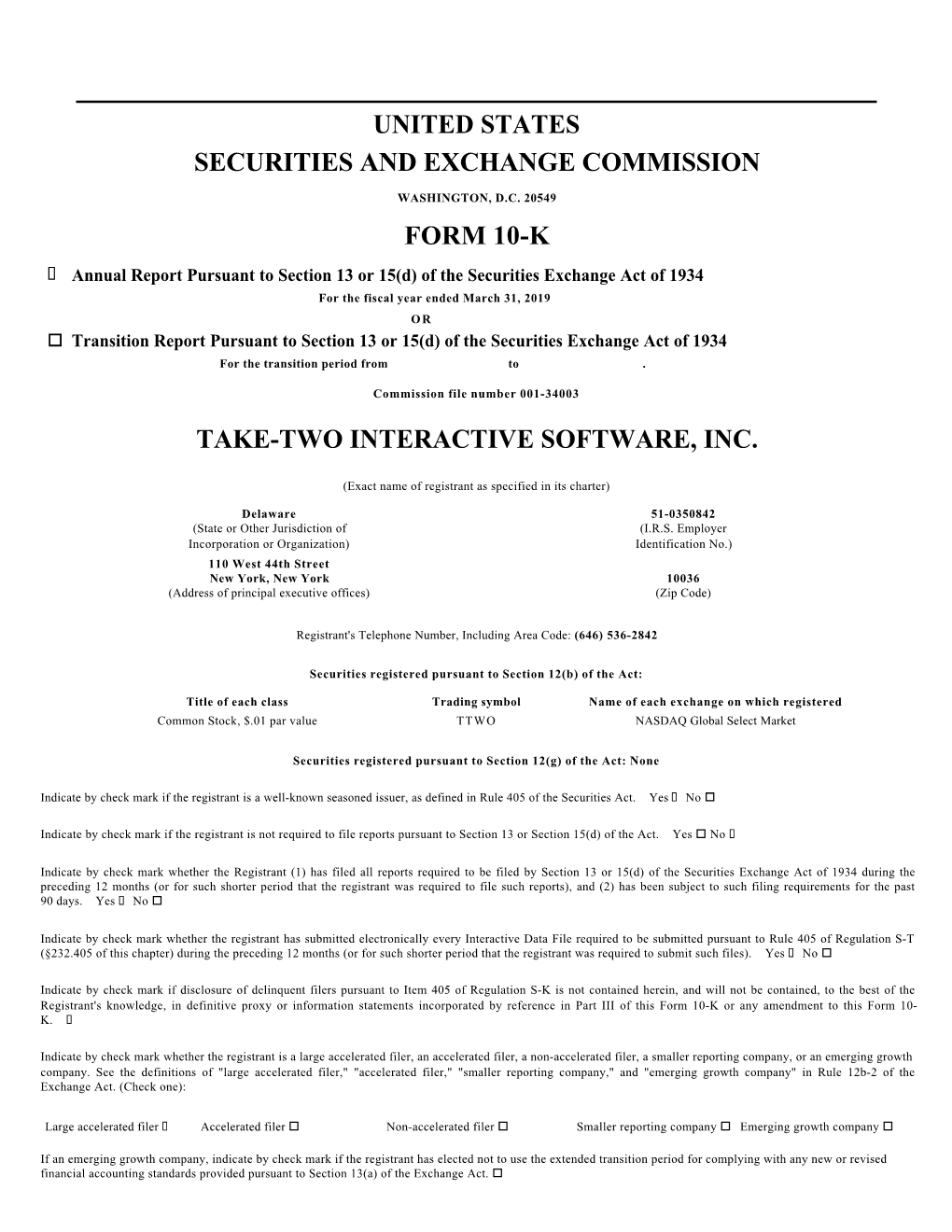 TAKE TWO INTERACTIVE SOFTWARE INC | Form 10-K | 5/14/2019