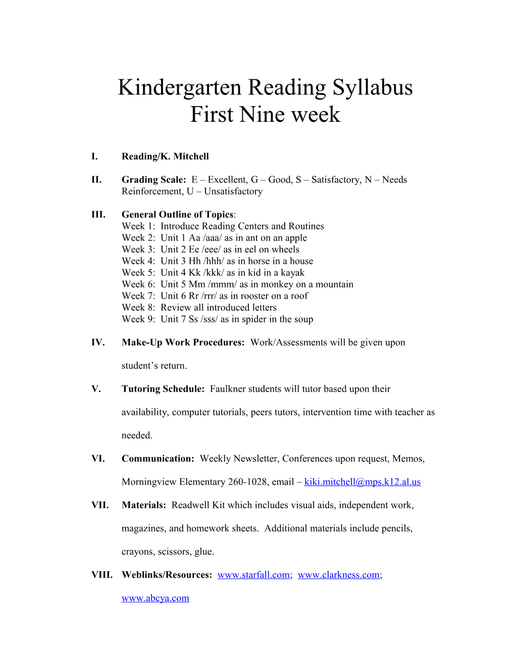 Kindergarten Reading Syllabus