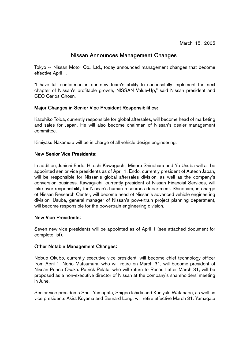 Mar 15, 2005 TSE Filing:Nissan Announces