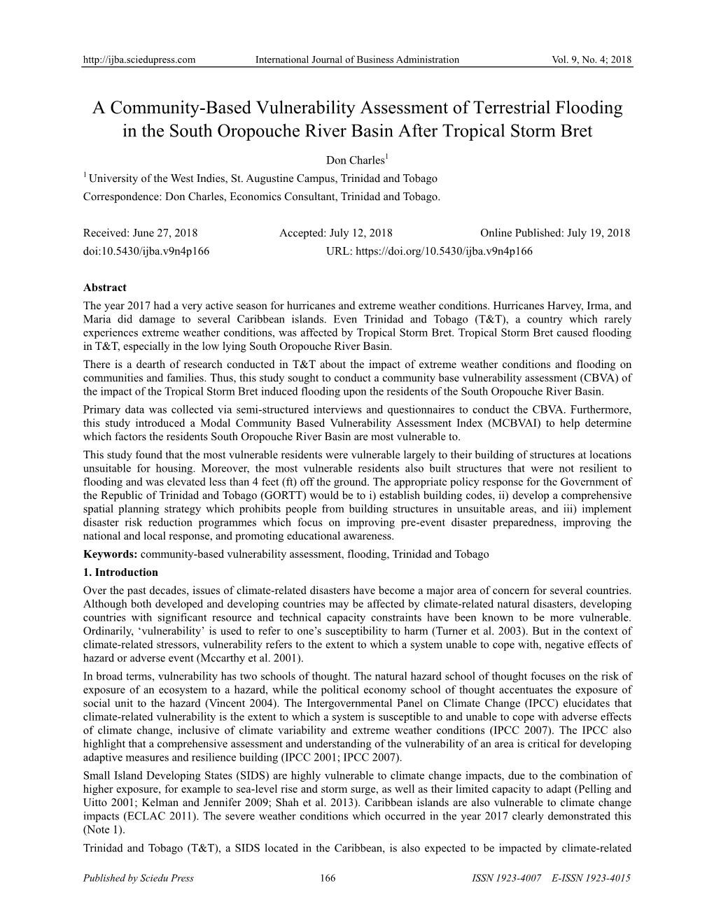 A Community-Based Vulnerability Assessment of Terrestrial Flooding in the South Oropouche River Basin After Tropical Storm Bret