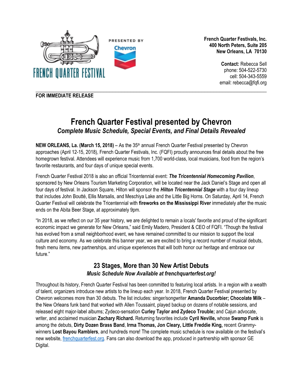 French Quarter Festival Presented by Chevron Complete Music Schedule, Special Events, and Final Details Revealed