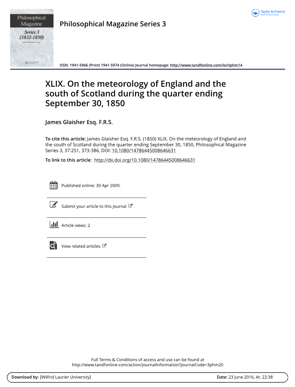 XLIX. on the Meteorology of England and the South of Scotland During the Quarter Ending September 30, 1850
