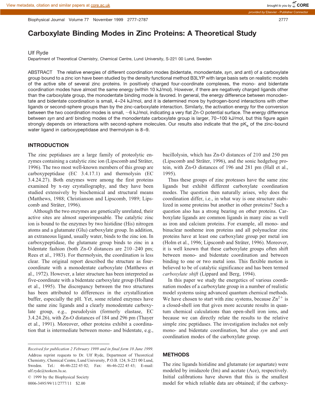 Carboxylate Binding Modes in Zinc Proteins: a Theoretical Study