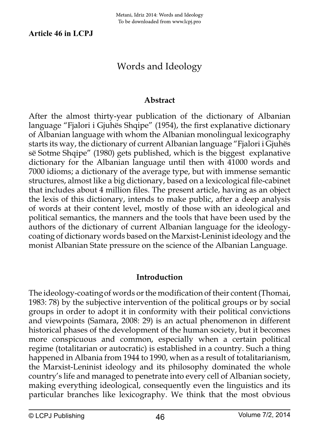 Words and Ideology to Be Downloaded from Article 46 in LCPJ