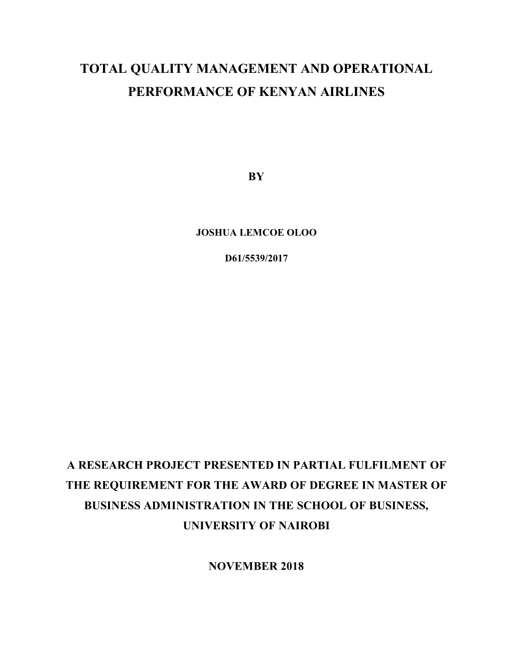 Total Quality Management and Operational Performance of Kenyan Airlines