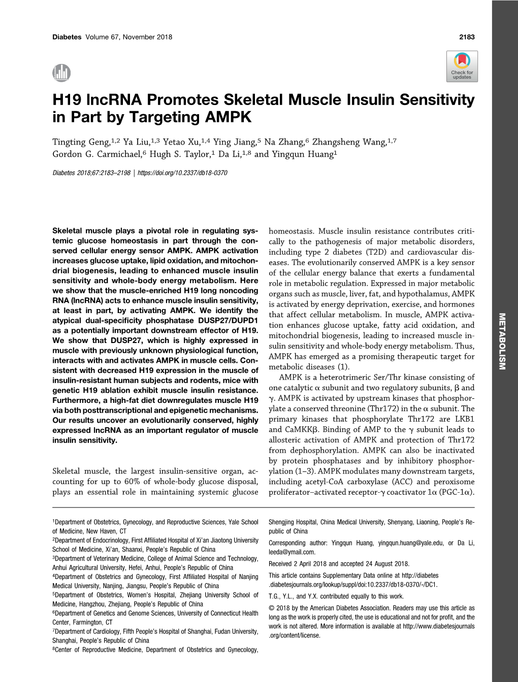 H19 Lncrna Promotes Skeletal Muscle Insulin Sensitivity in Part by Targeting AMPK