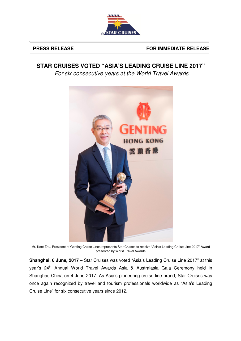 STAR CRUISES VOTED “ASIA's LEADING CRUISE LINE 2017” for Six Consecutive Years at the World Travel Awards