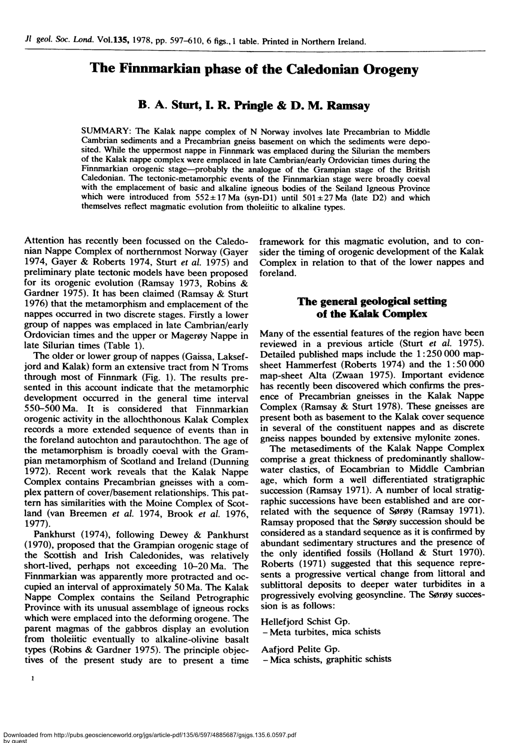 The Finnmarkian Phase of the Caledonian Orogeny B. A. Sturt, 1. R. Pringle & D. M. Ramsay