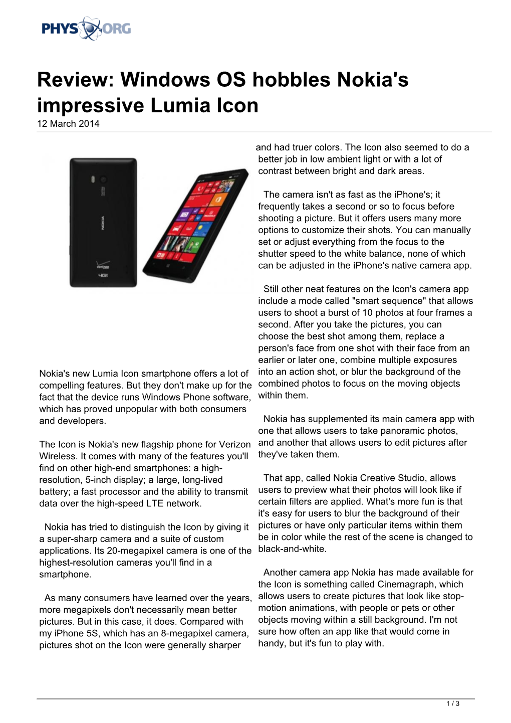 Windows OS Hobbles Nokia's Impressive Lumia Icon 12 March 2014