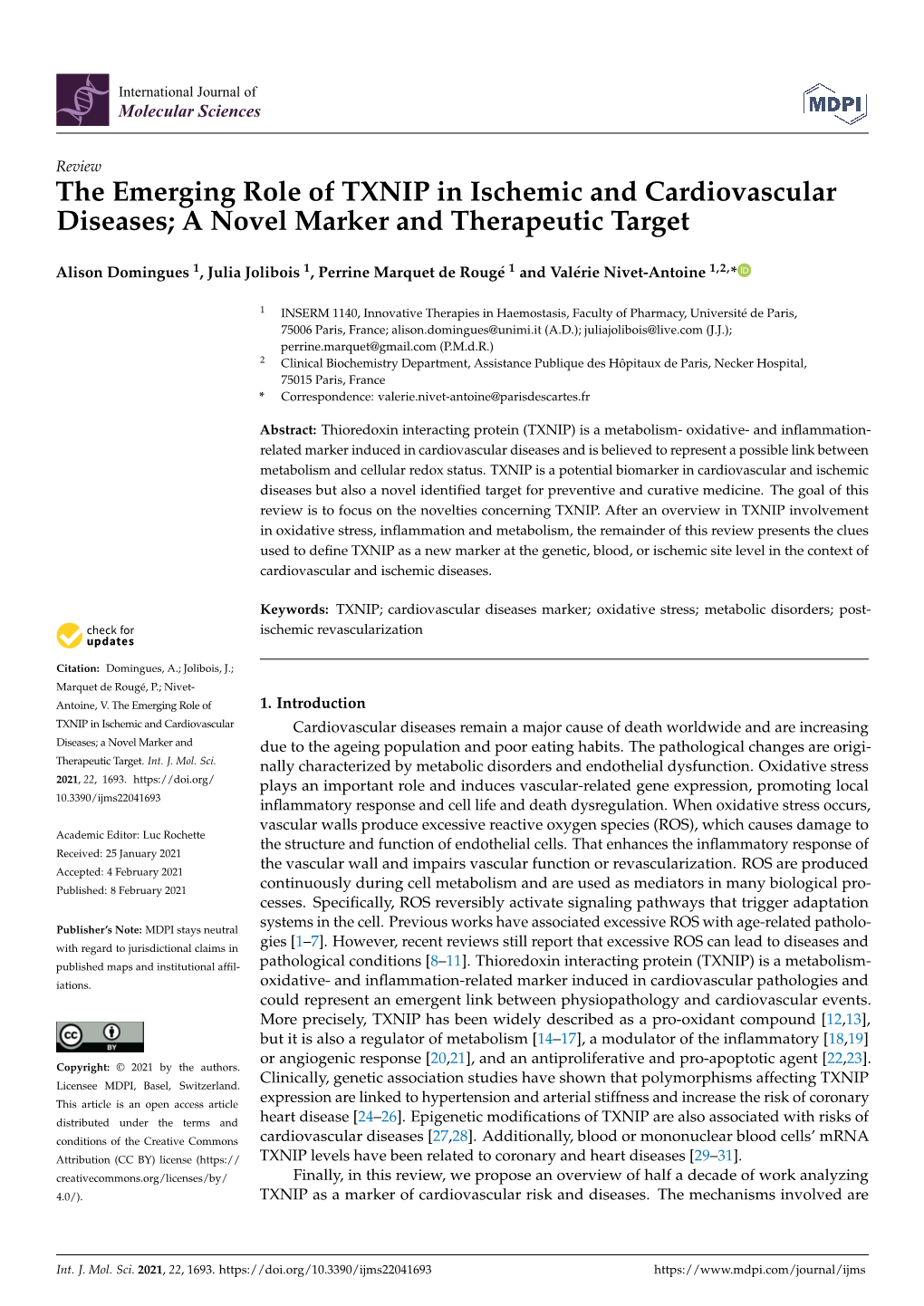 The Emerging Role of TXNIP in Ischemic and Cardiovascular Diseases; a Novel Marker and Therapeutic Target