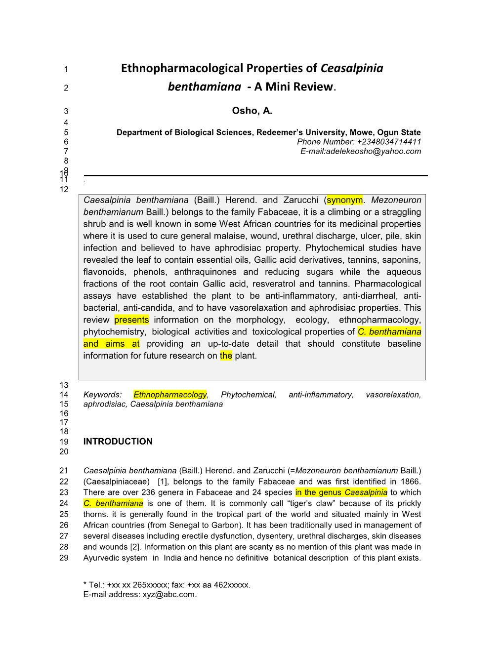 Ethnopharmacological Properties of Ceasalpinia Benthamiana