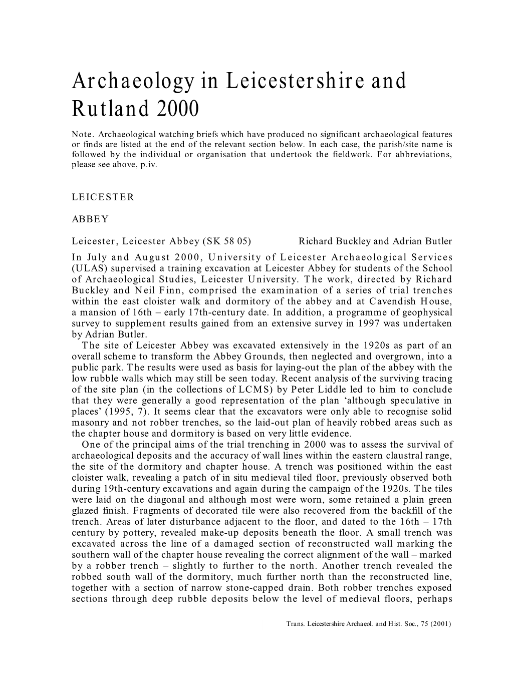 Archaeology in Leicestershire and Rutland 2000 Note