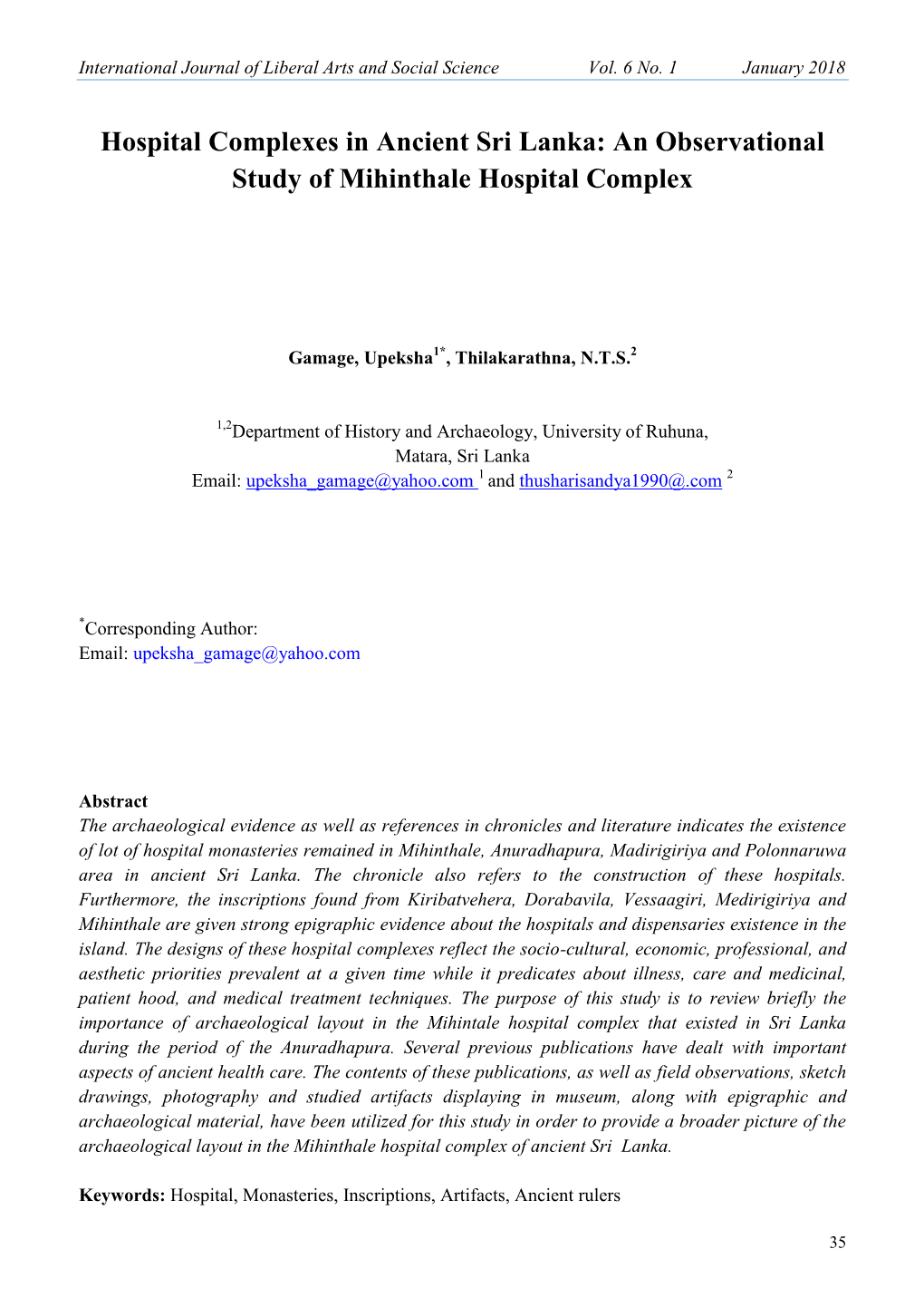 Hospital Complexes in Ancient Sri Lanka: an Observational Study of Mihinthale Hospital Complex