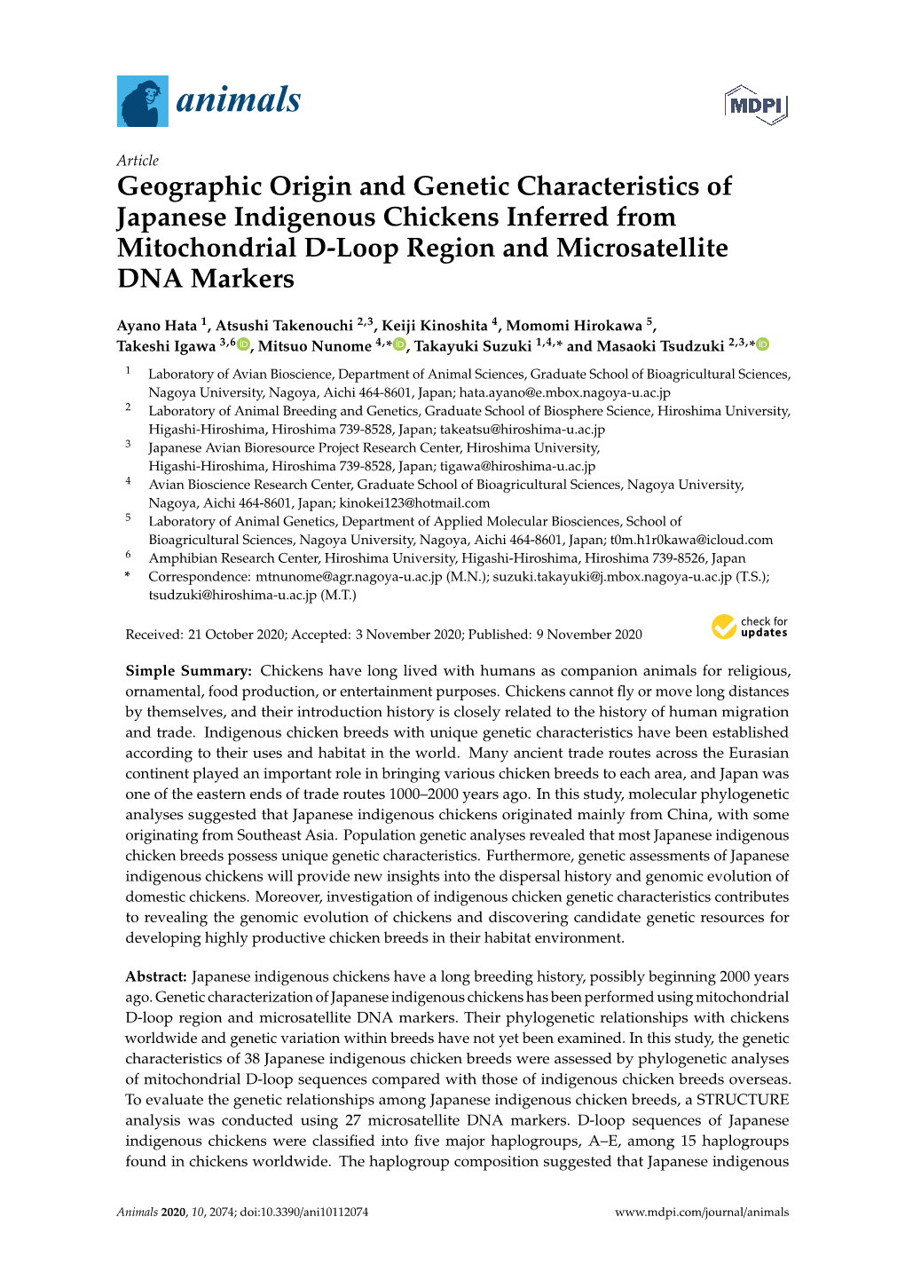 Geographic Origin and Genetic Characteristics of Japanese Indigenous Chickens Inferred from Mitochondrial D-Loop Region and Microsatellite DNA Markers