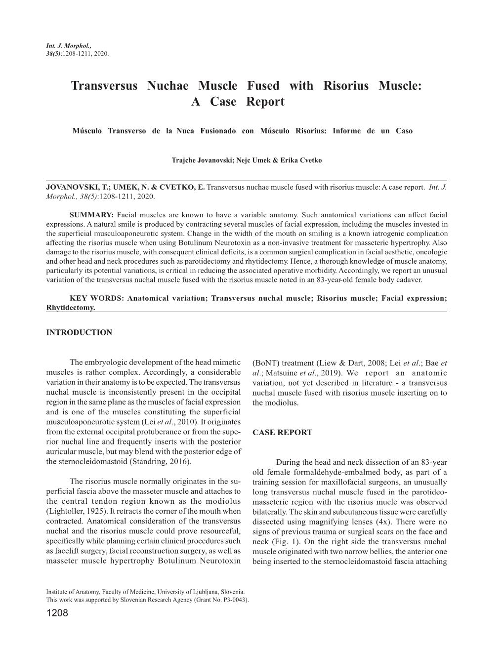 Transversus Nuchae Muscle Fused with Risorius Muscle: a Case Report