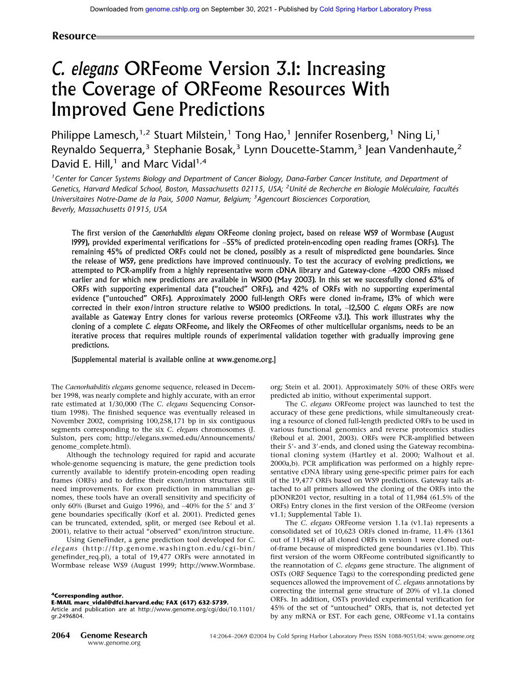 C. Elegans Orfeome Version 3.1: Increasing the Coverage of Orfeome Resources with Improved Gene Predictions