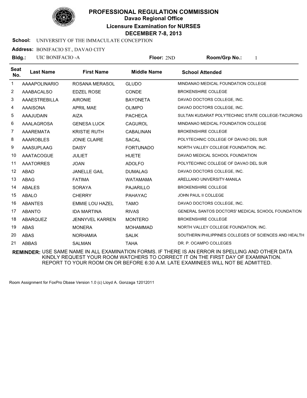 Room Assignment for Foxpro Dbase Version 1.0 (C) Lloyd A