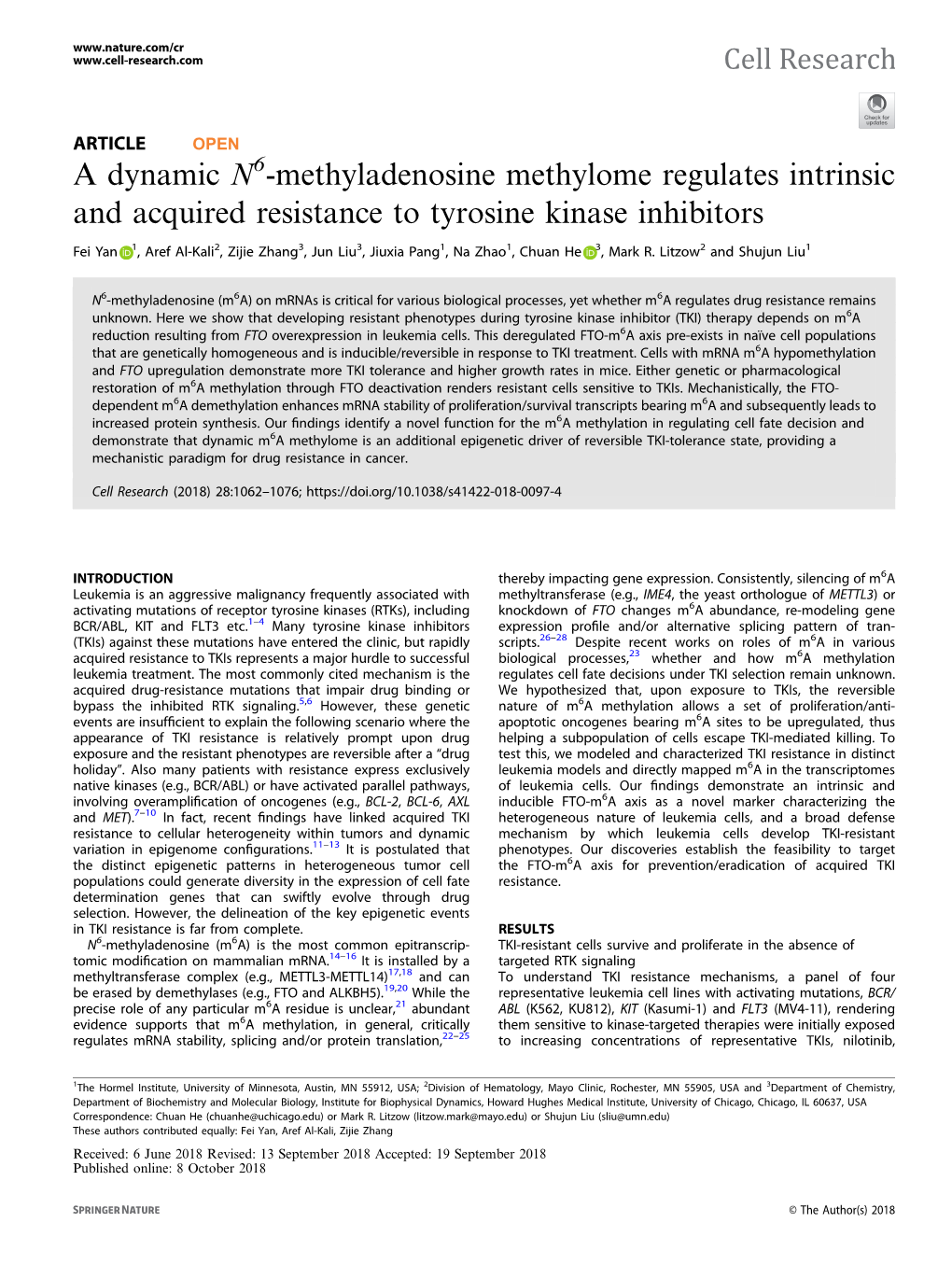 A Dynamic N6-Methyladenosine Methylome Regulates Intrinsic and Acquired Resistance to Tyrosine Kinase Inhibitors