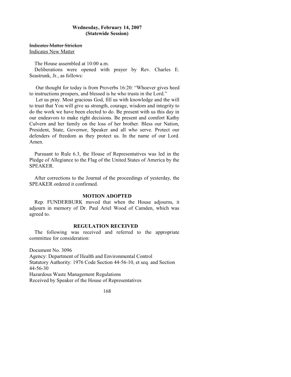 House Journal for Feb. 14, 2007 - South Carolina Legislature Online