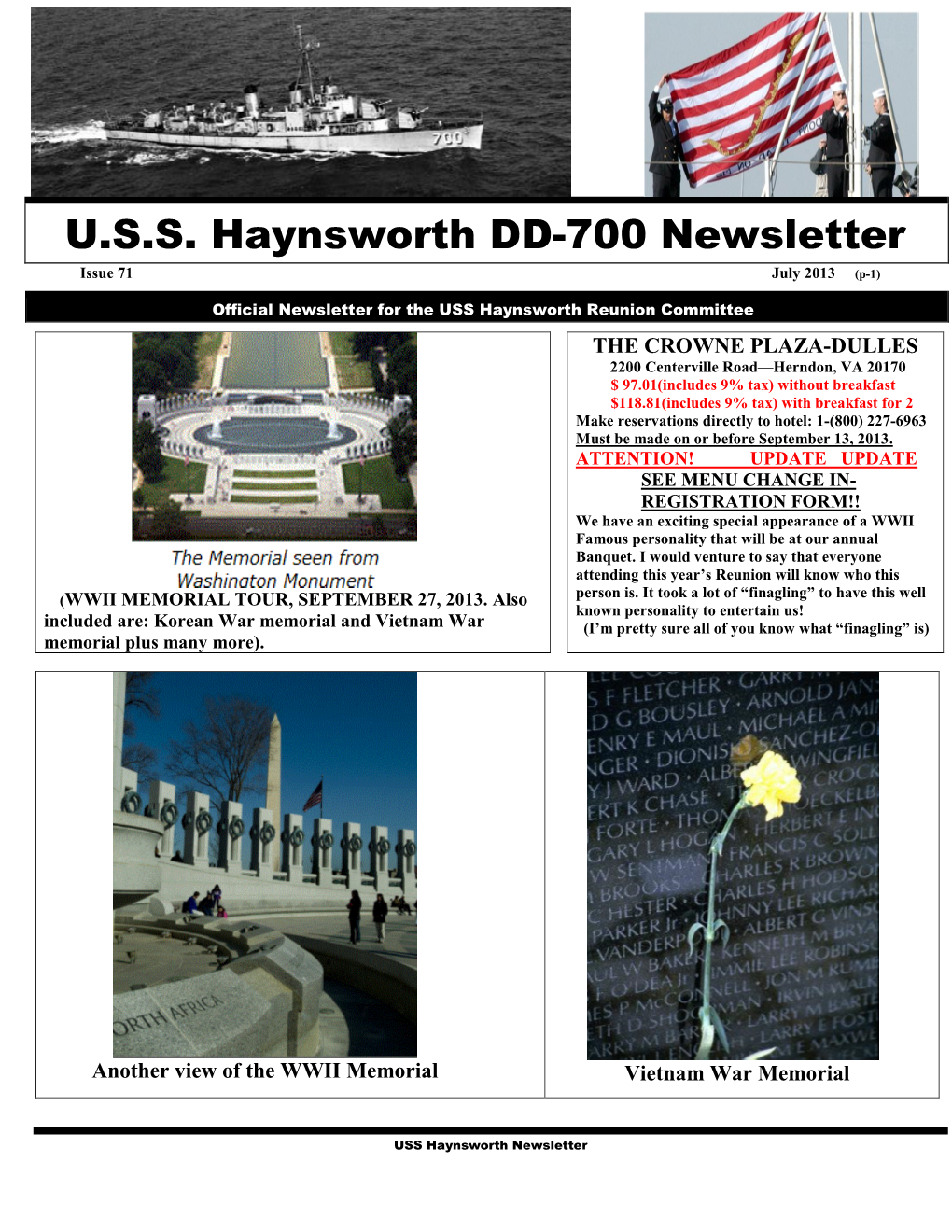 U.S.S. Haynsworth DD-700 Newsletter Issue 71 July 2013 (P-1)