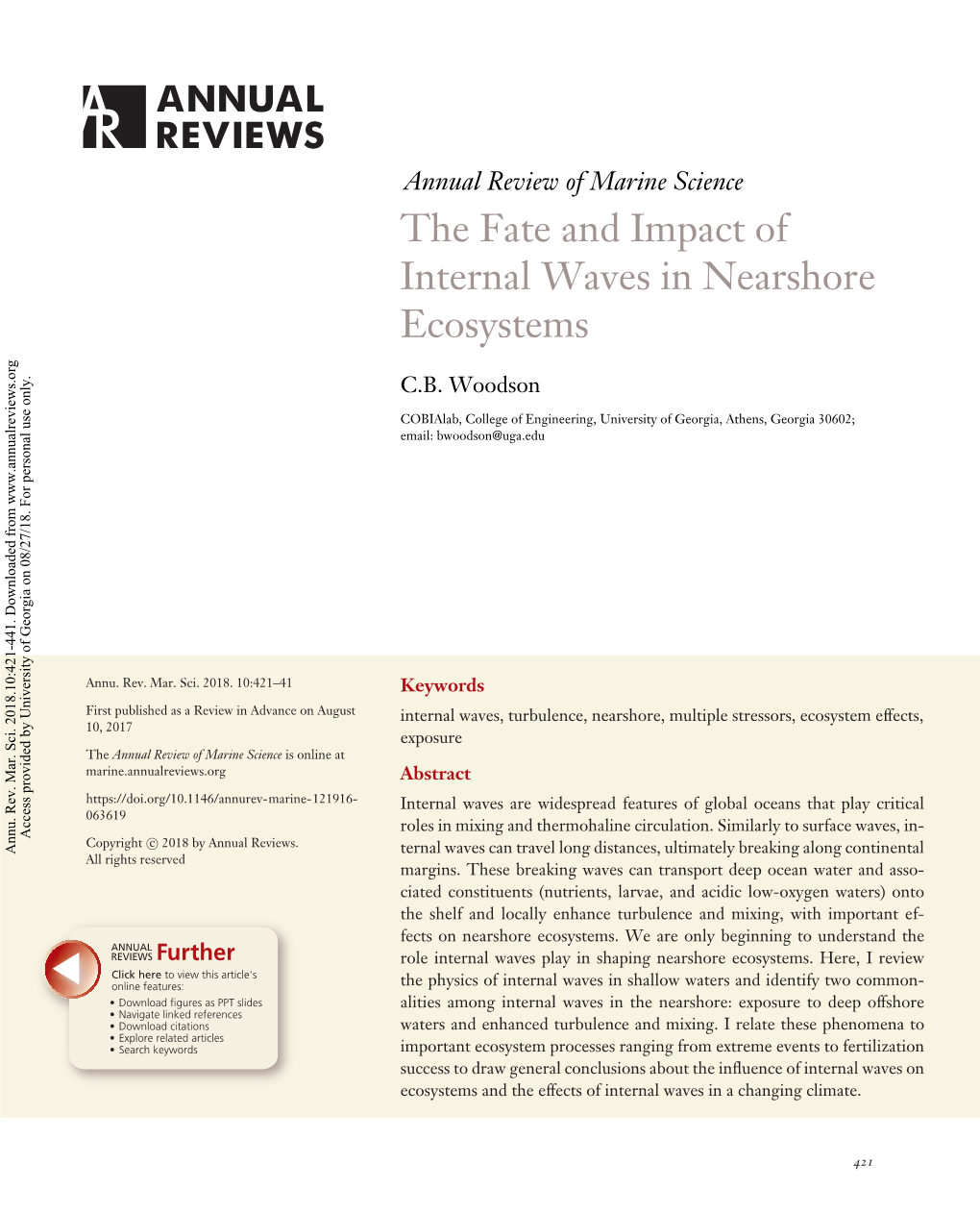 The Fate and Impact of Internal Waves in Nearshore Ecosystems