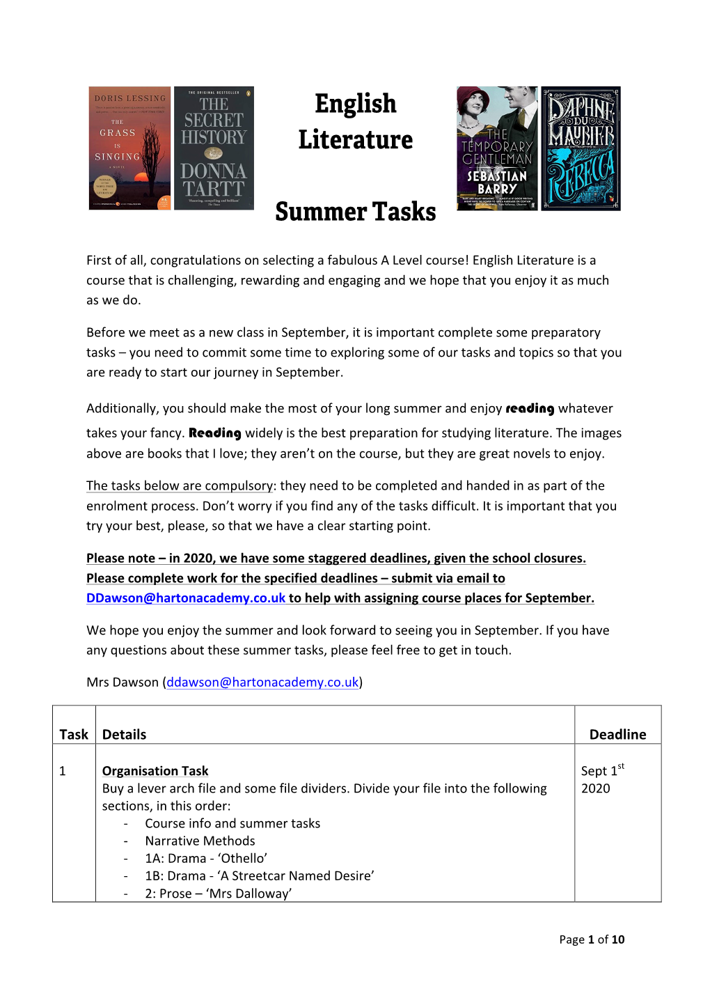 English Literature Summer Tasks 2020