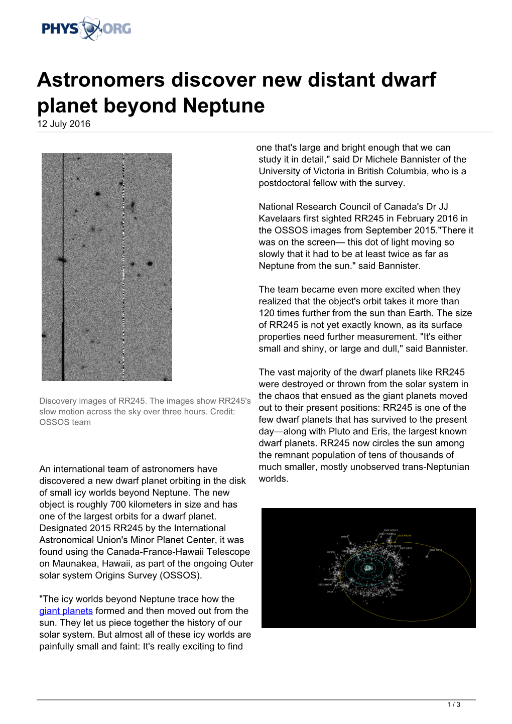 Astronomers Discover New Distant Dwarf Planet Beyond Neptune 12 July 2016