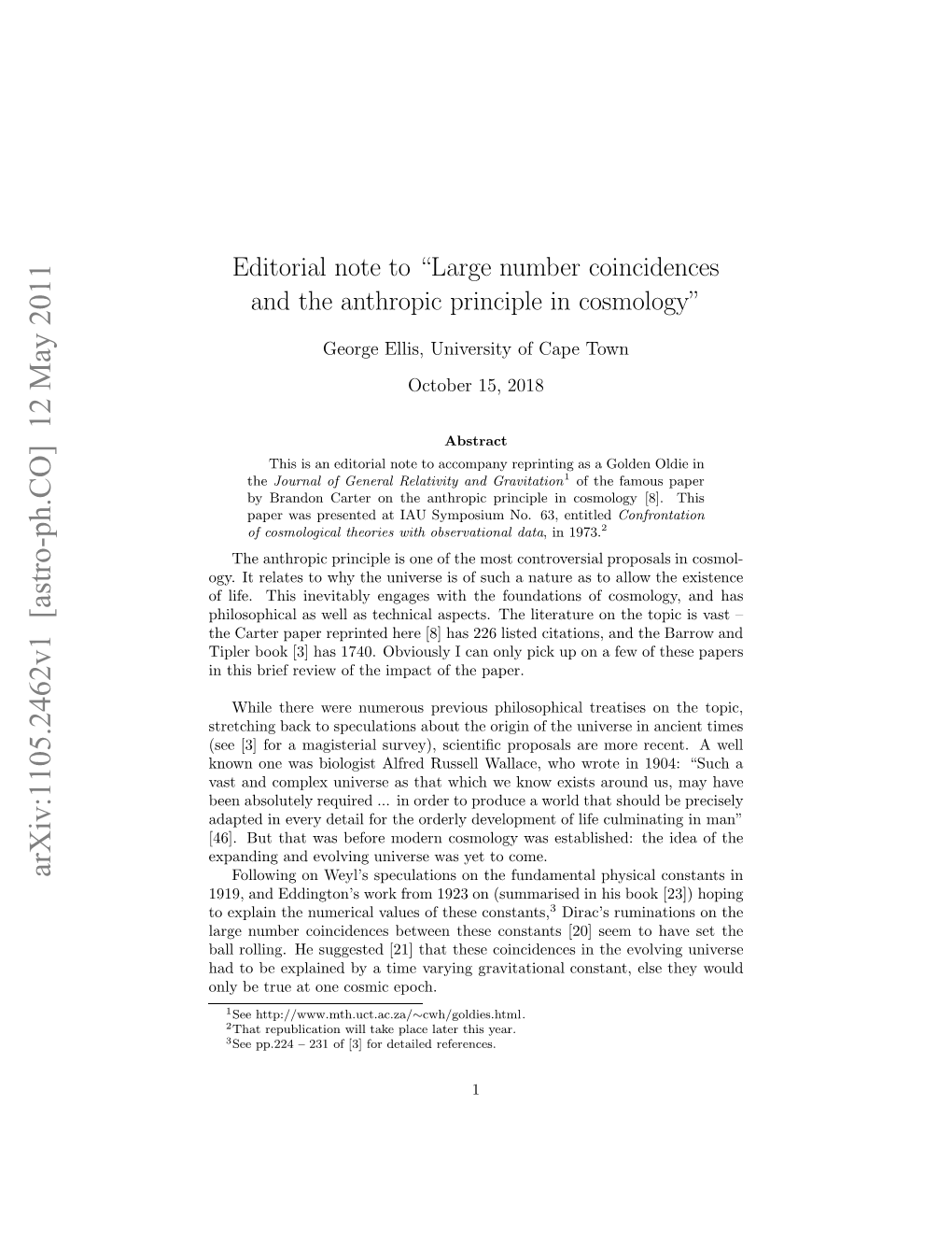 Editorial Note To" Large Number Coincidences and the Anthropic Principle in Cosmology"