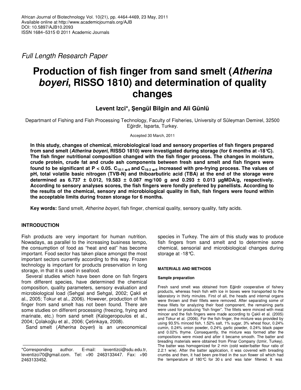 Production of Fish Finger from Sand Smelt (Atherina Boyeri, RISSO 1810) and Determination of Quality Changes
